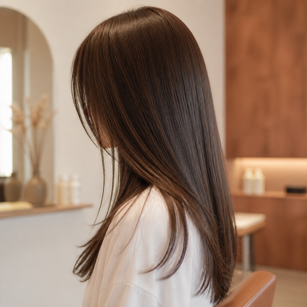 艶のあるストレートロングヘアの横姿。