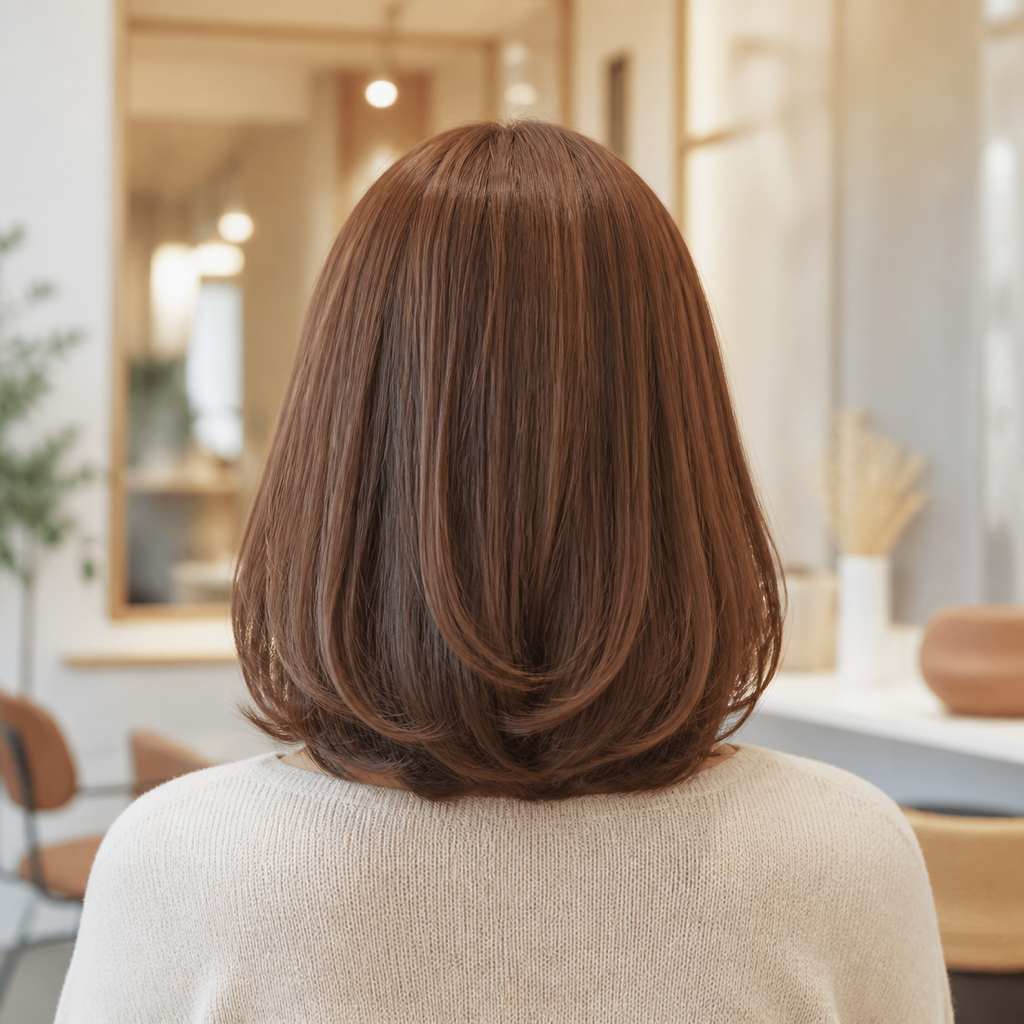 毛先が内巻きになったくびれミディアムの後ろ姿。