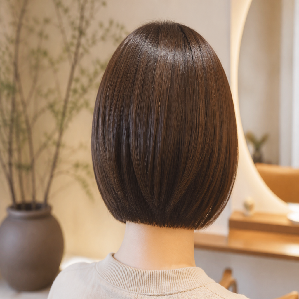 ナチュラルなボブスタイルの後ろ姿。艶のある質感の寄りの写真。