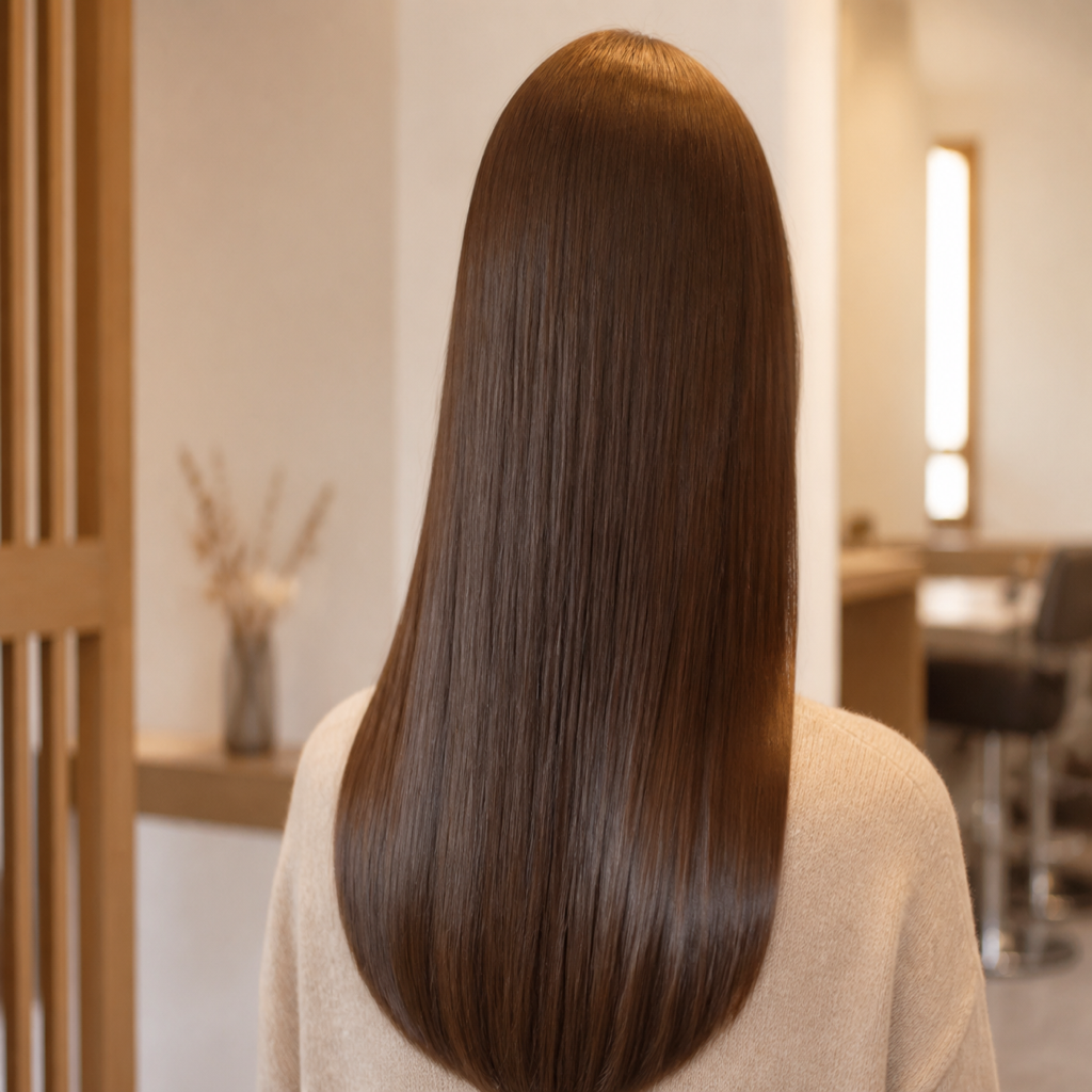 縮毛矯正後のまっすぐで艶のあるロングヘアの後ろ姿。