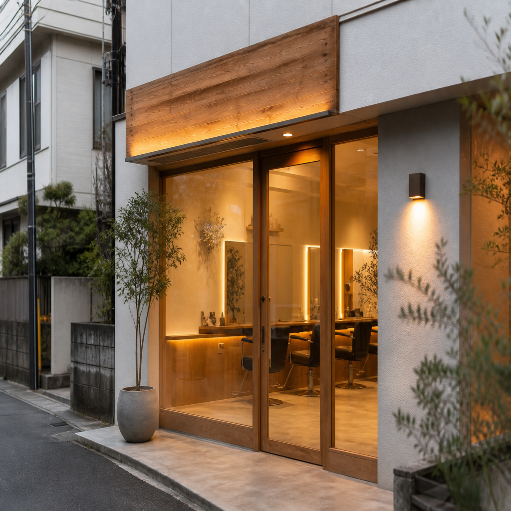 夕方の柔らかな光がこぼれる店舗外観。大きなガラス窓と木の看板。