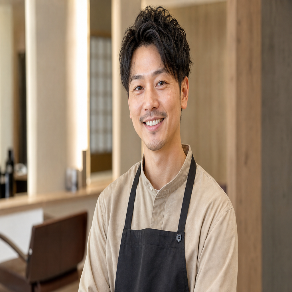 スタイリスト佐藤蓮のポートレート。親しみやすい表情のバストアップ写真。