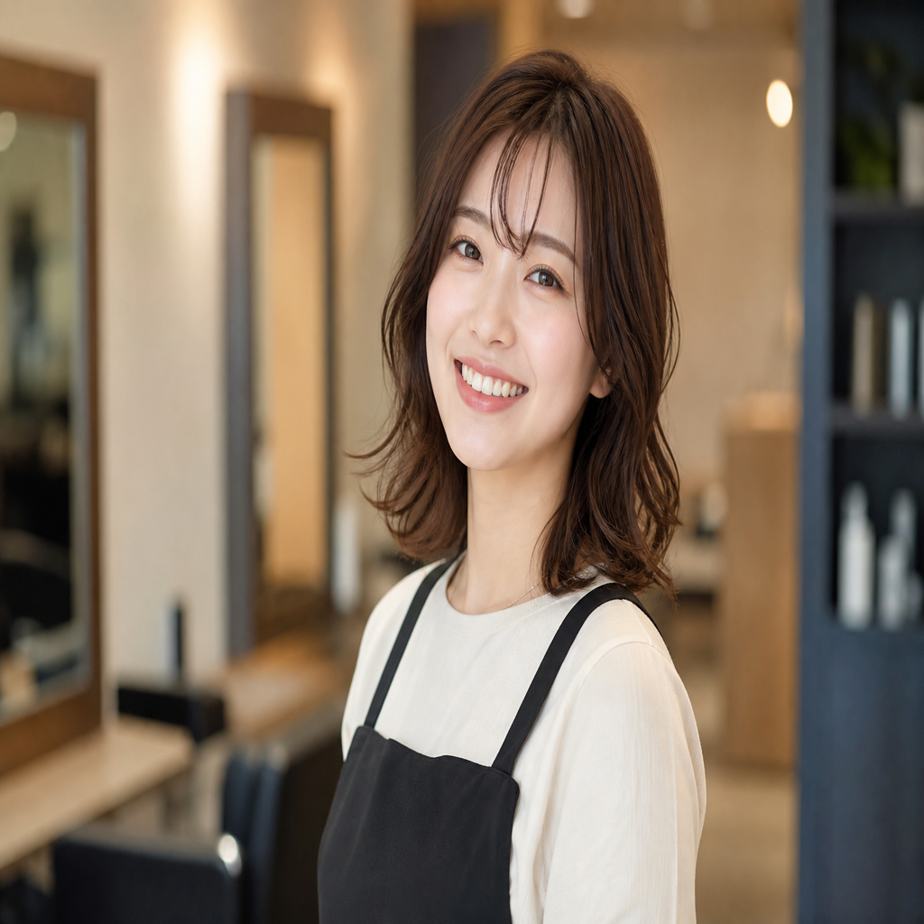スタイリスト高橋陽菜のポートレート。明るい表情のバストアップ写真。